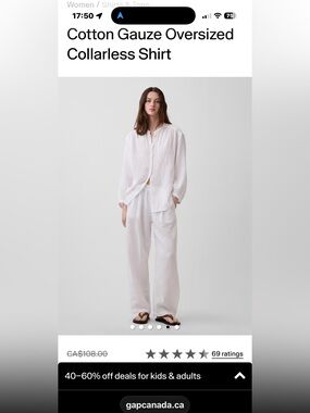 Final Price-No Offers!GAP White Cotton Gauze Oversized Collarless Button Down XS